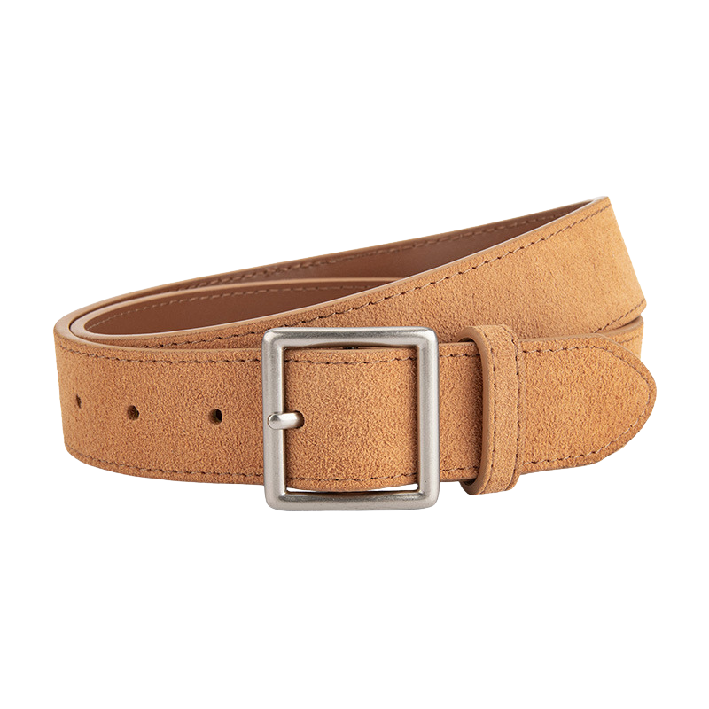 Ceinture femme Évangéline en cuir effet daim couleur camel avec boucle carrée argentée
