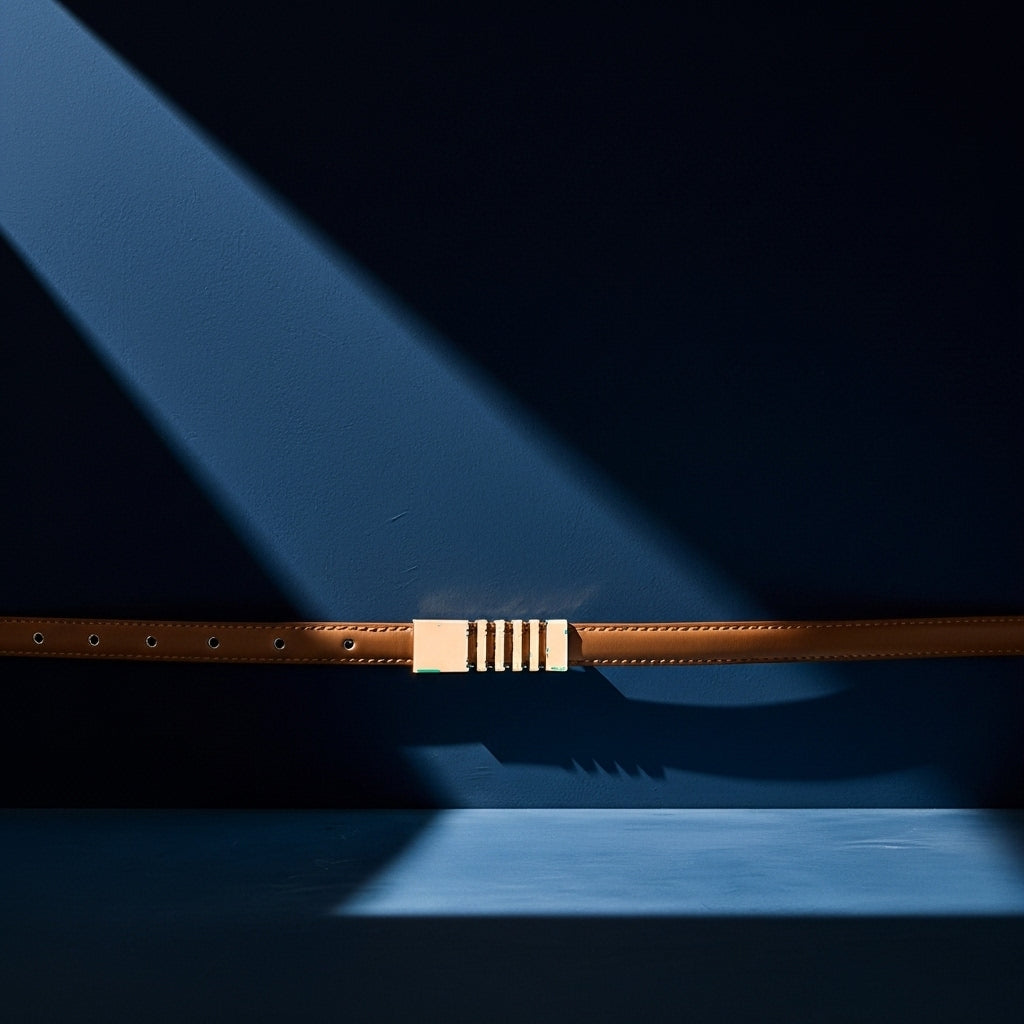 Ceinture fine "Évasion" en cuir lisse brun clair avec une boucle rectangulaire dorée et rainurée, ornée de cinq fines rayures verticales. Le fond est bleu foncé avec un éclairage dramatique. #fullwidth