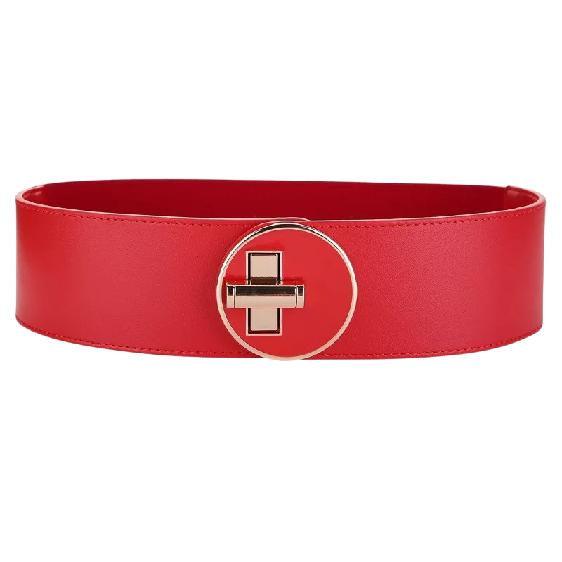 Ceinture large rouge Fanny en cuir avec boucle dorée circulaire et fermoir en croix doré