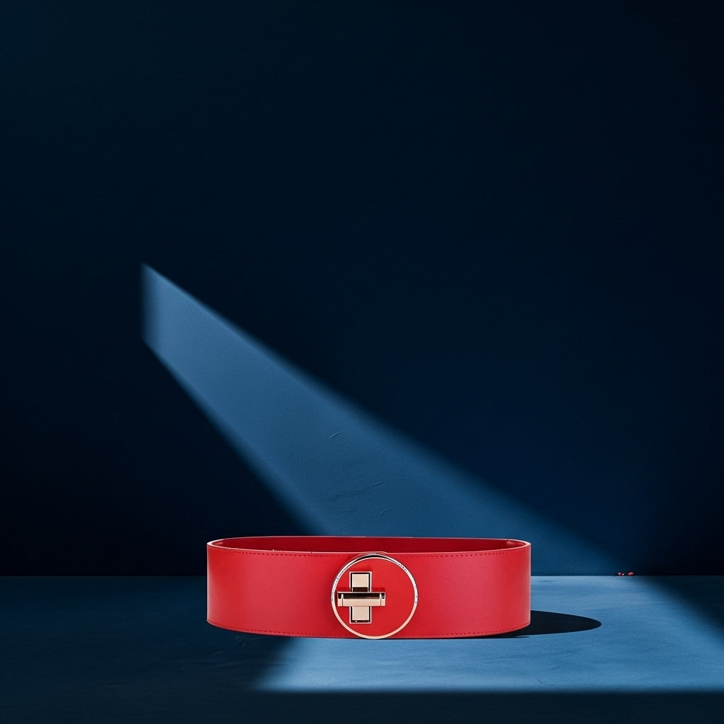 Ceinture rouge large Fanny en cuir avec boucle dorée ronde et design contemporain #fullwidth