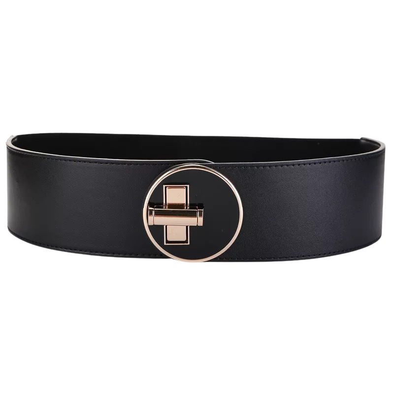 Ceinture large noire Fanny avec boucle ronde dorée et système de fermeture moderne, en cuir pleine fleur de vachette.