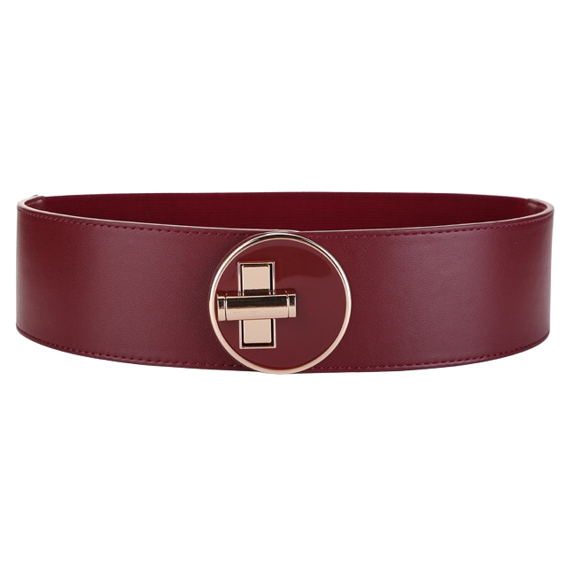 Ceinture large en cuir bordeaux pour femme, modèle Fanny, avec boucle ronde dorée et fermoir doré.