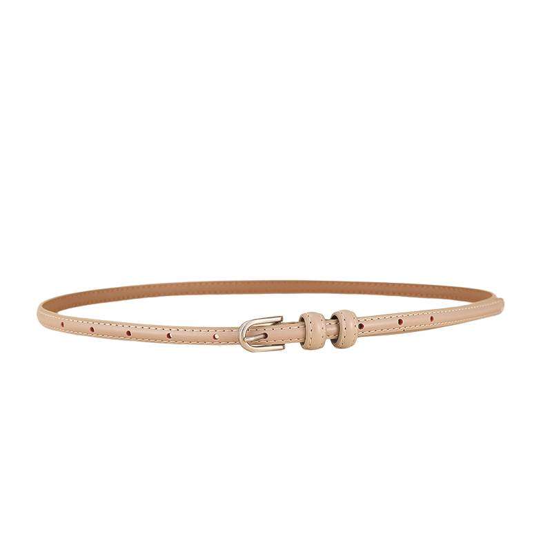 Ceinture fine Faustina en cuir beige avec boucle argentée arrondie et double passant.