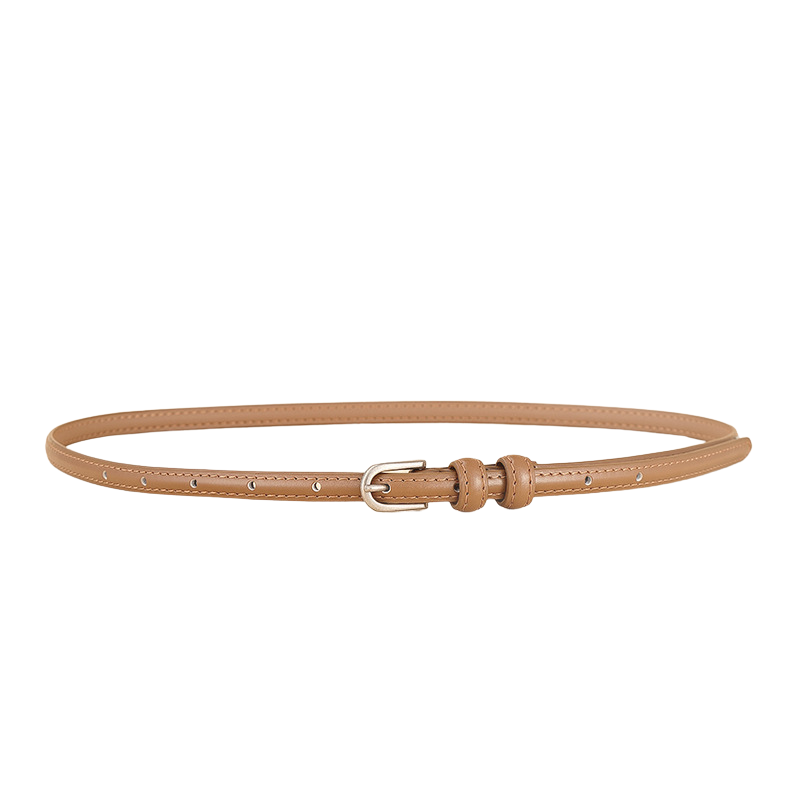Ceinture fine Faustina en cuir de vachette marron, avec boucle dorée arrondie et passant double.