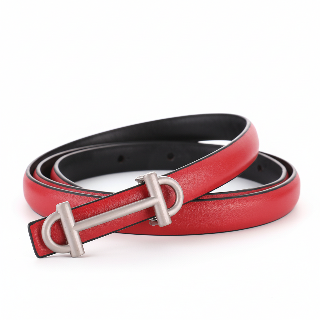Ceinture fine rouge Féerie en cuir de vachette avec une boucle barre cavalière horizontale argentée lisse.