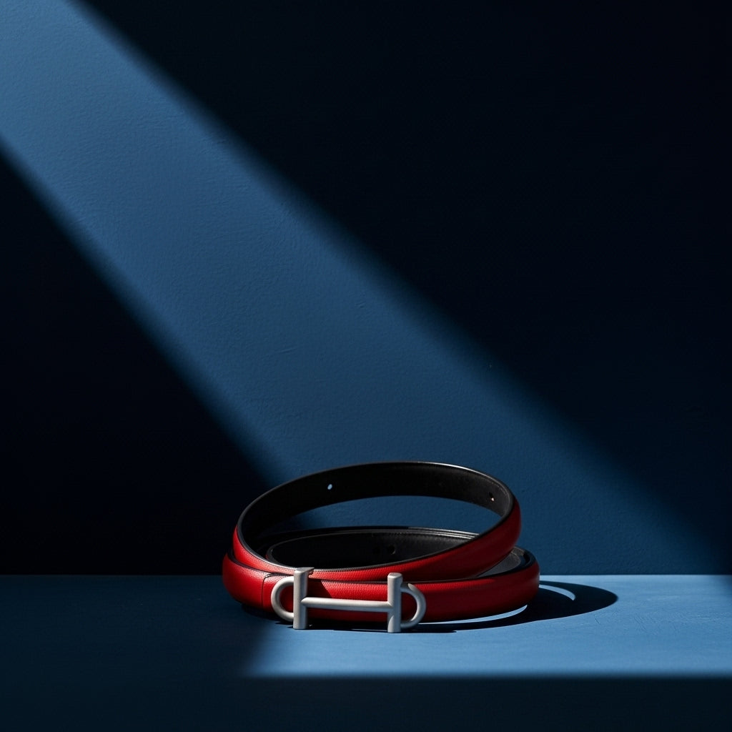 Ceinture rouge Féerie en cuir lisse pour femme, avec boucle barre cavalière argentée horizontale. #fullwidth