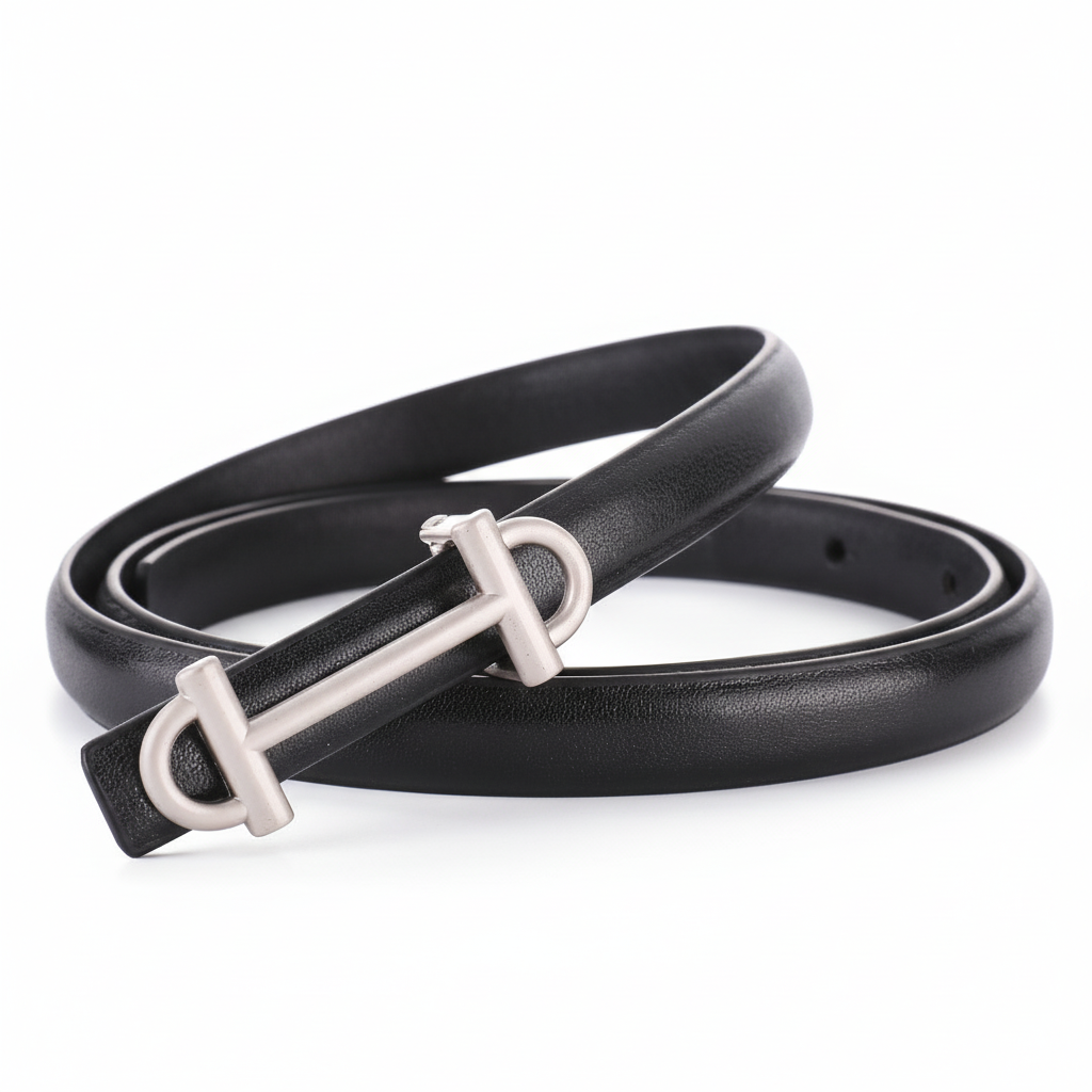 Ceinture fine noire Féerie en cuir pleine fleur avec boucle barre cavalière argentée lisse.
