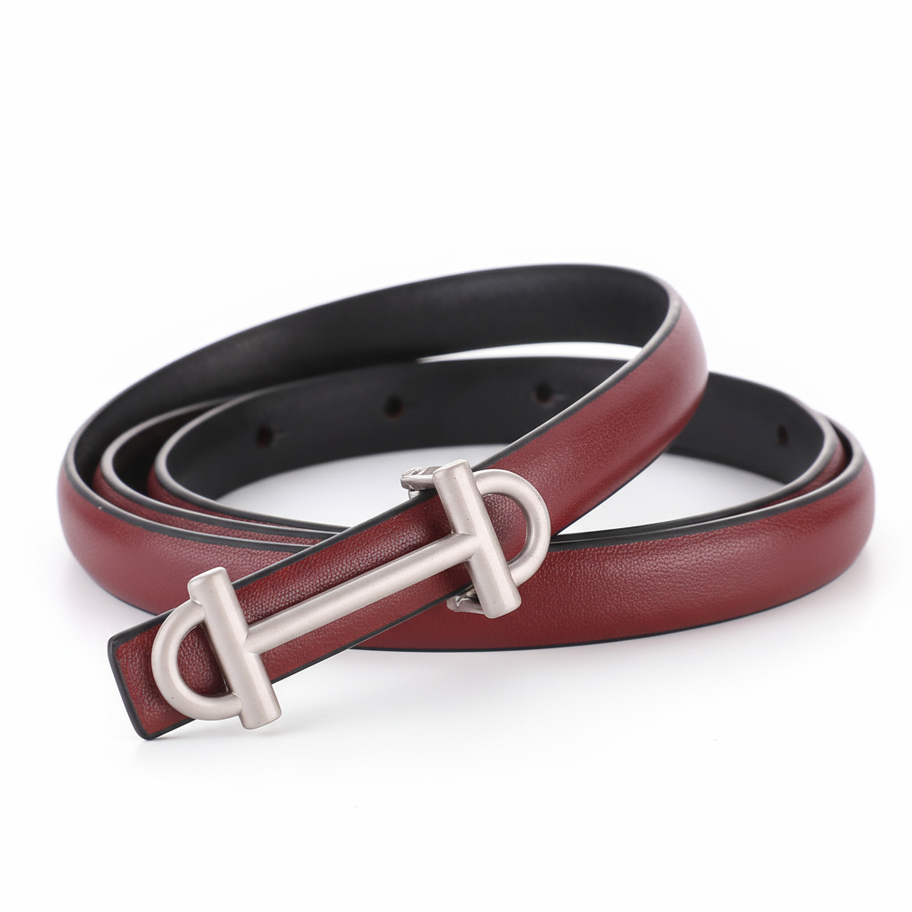 Ceinture fine en cuir bordeaux pour femme, modèle Féerie, avec une boucle argentée lisse en forme de barre cavalière horizontale.