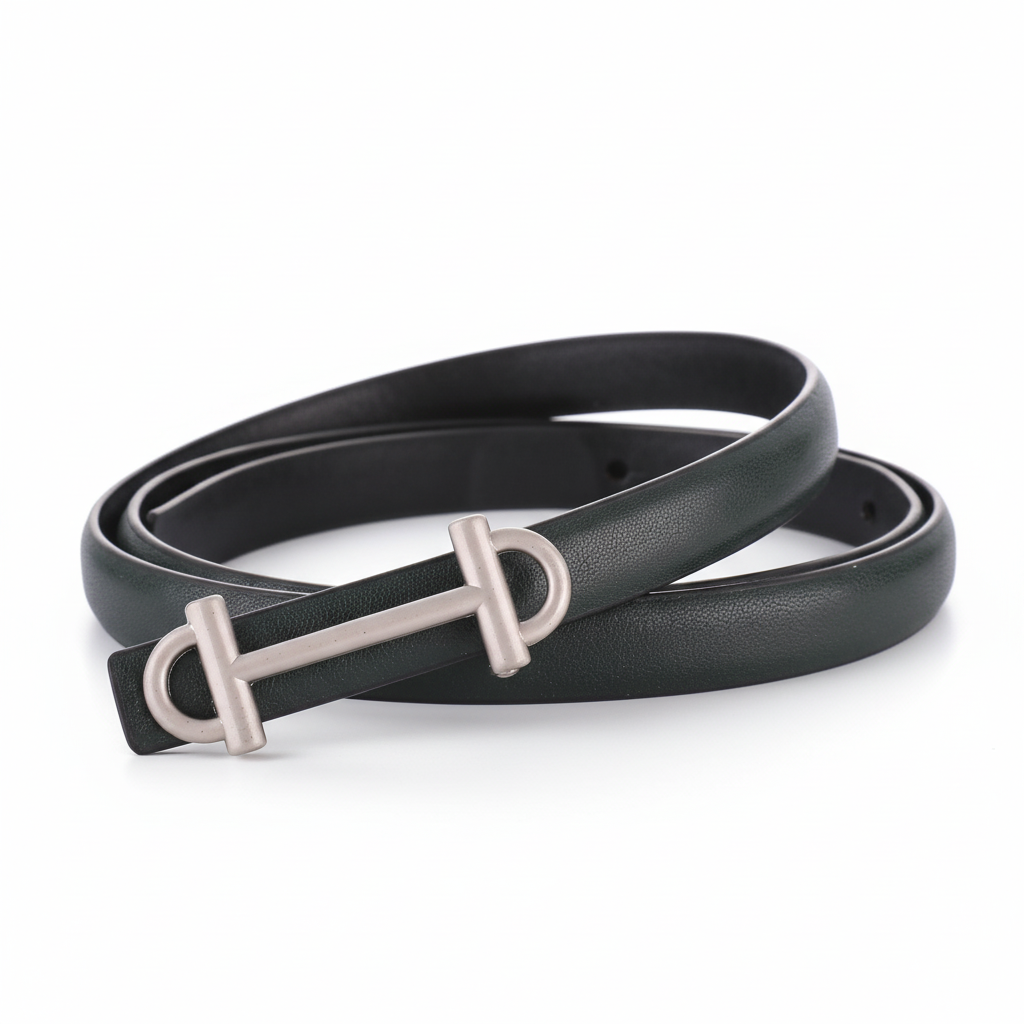 Ceinture fine Féerie en cuir vert foncé avec boucle barre cavalière argentée