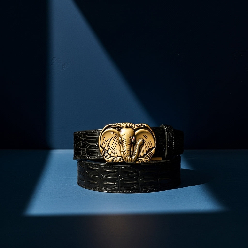 Ceinture homme Félixien en cuir noir avec boucle dorée ornée d'un éléphant sculpté et texture crocodile #fullwidth
