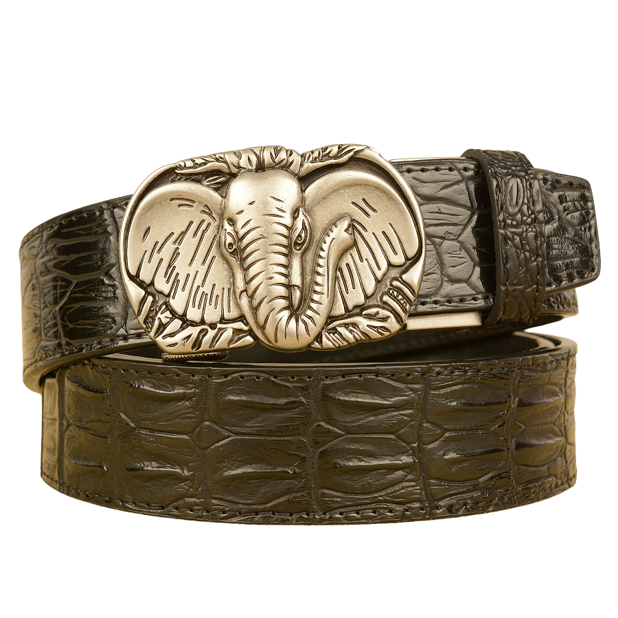 Ceinture homme Félixien en cuir refendu noir avec texture crocodile embossée et boucle argentée en forme d'éléphant.