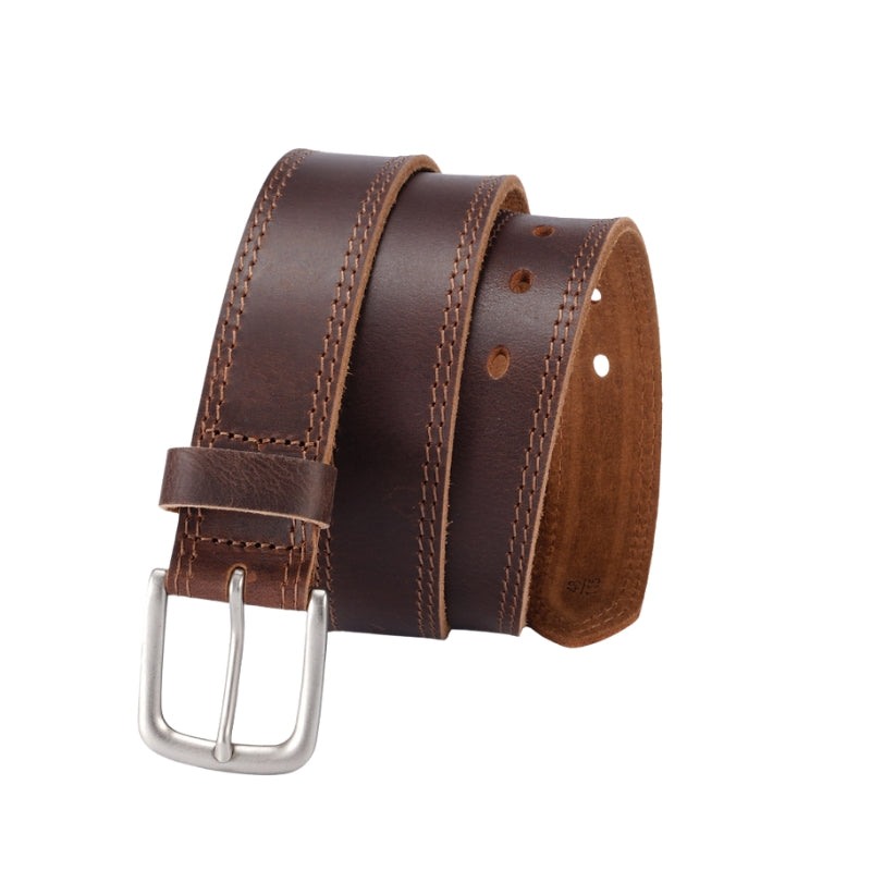 Ceinture Ferré Cuir 1 marron en cuir de vachette avec boucle ardillon argentée et coutures contrastantes.
