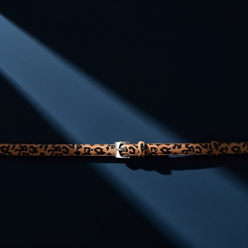 Ceinture Filigrane extra fine en cuir marron avec motif léopard discret et boucle argentée, posée sur un fond bleu uni avec un jeu d'ombres. #fullwidth