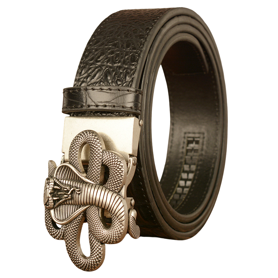 Ceinture homme Firmin en cuir noir avec texture crocodile embossée et boucle automatique argentée en forme de cobra 3D.
