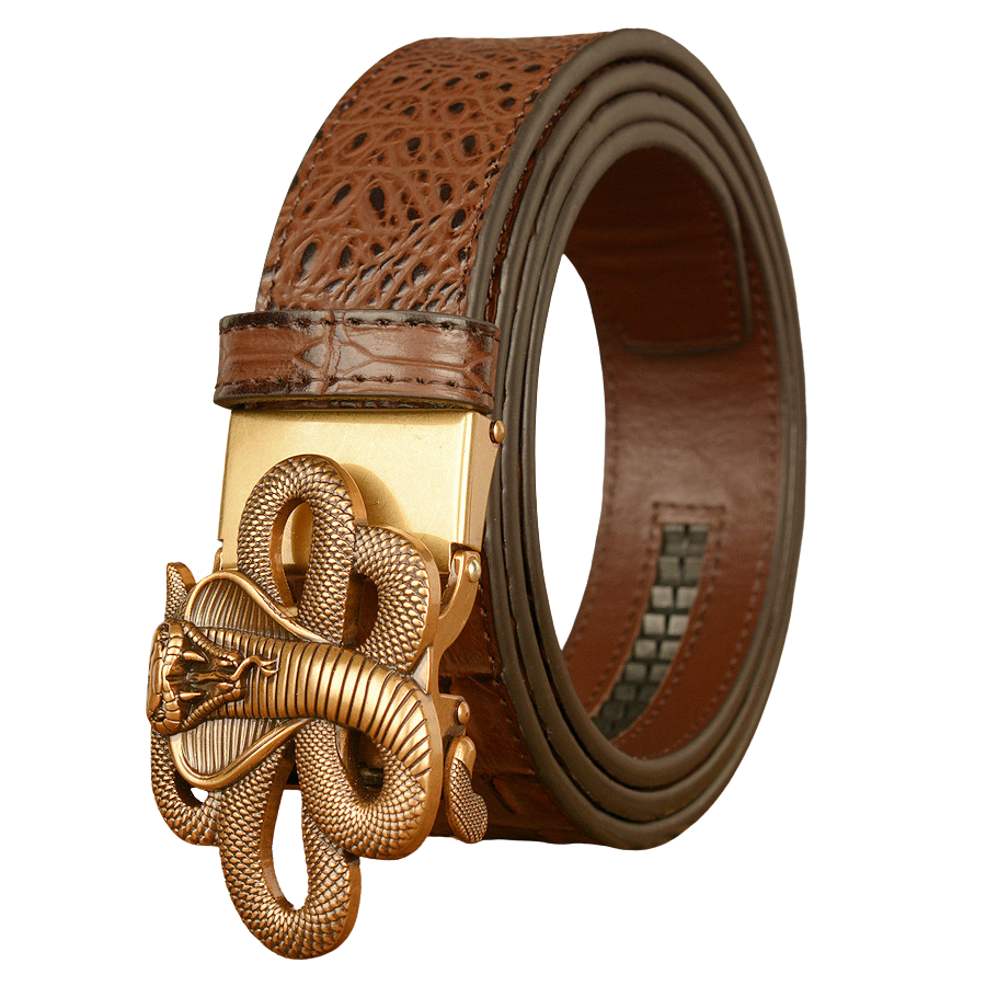 Ceinture homme Firmin en cuir marron avec texture crocodile embossée et boucle cobra dorée en forme de serpent 3D