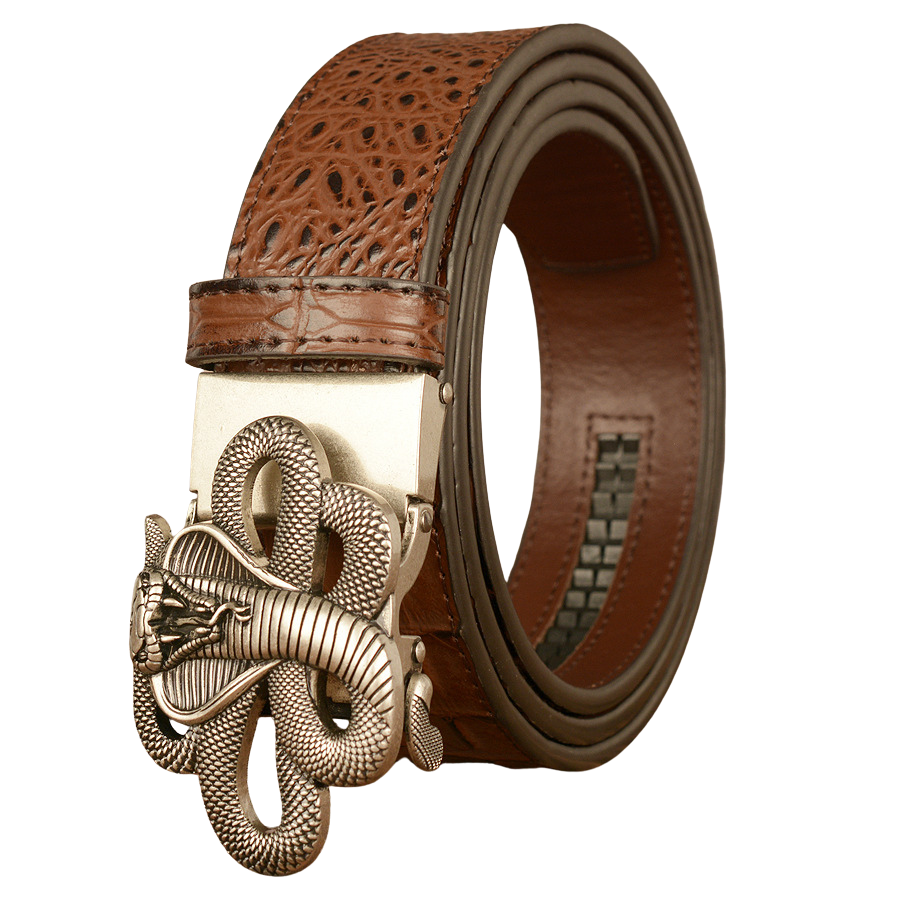 Ceinture homme Firmin en cuir marron texturé crocodile avec une boucle argentée en forme de cobra 3D.