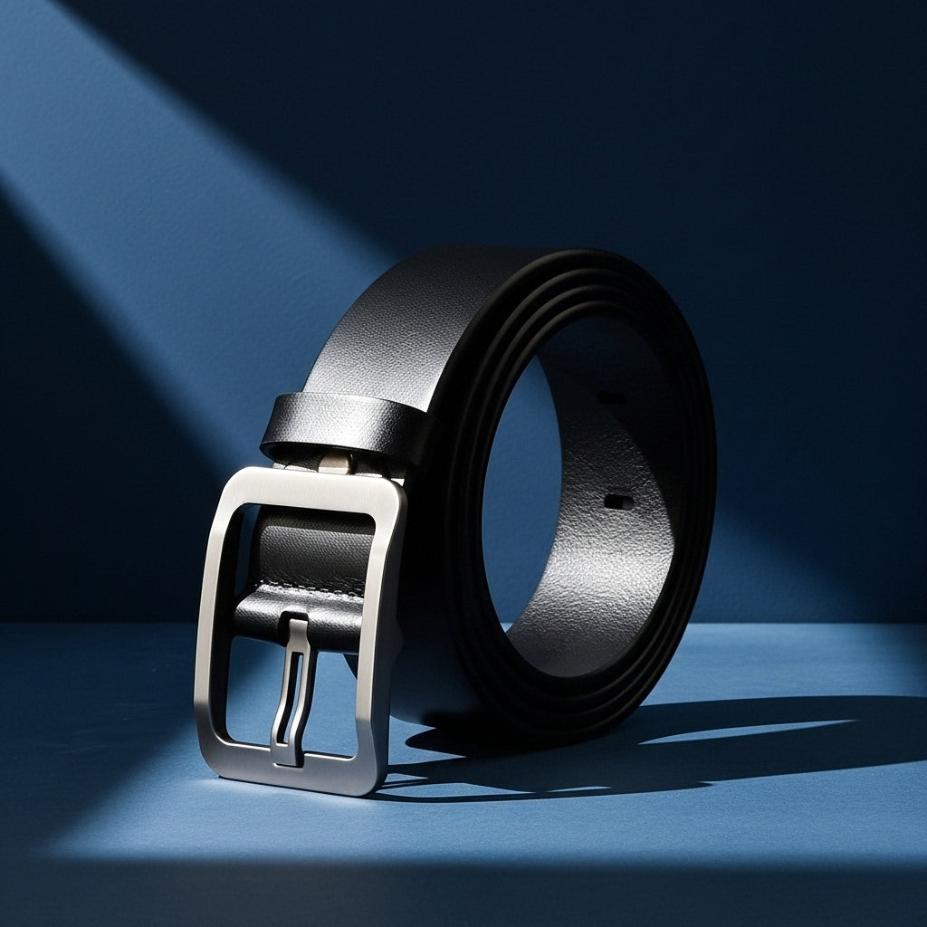 Ceinture Flaubert pour homme en cuir de vachette lisse noir avec boucle argentée sobre, style classique et élégant #fullwidth