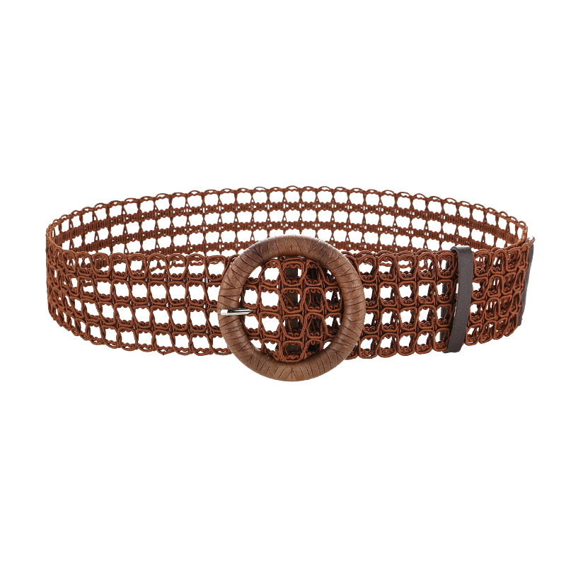 Ceinture femme Flavie en tissu tressé ajouré marron avec une boucle ronde recouverte de tissu assorti