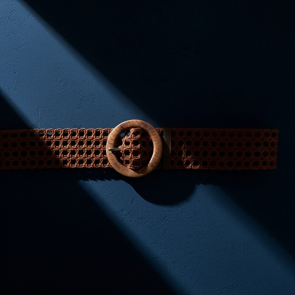 Ceinture en tissu tressé ajouré de couleur marron avec une boucle ronde en bois, style estival et naturel. #fullwidth