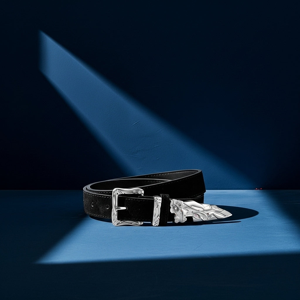 Ceinture femme Fleur en cuir de vachette noir finition daim vieilli, avec boucle argentée style western ornée d'une gravure florale et d'un motif épée cassée #fullwidth