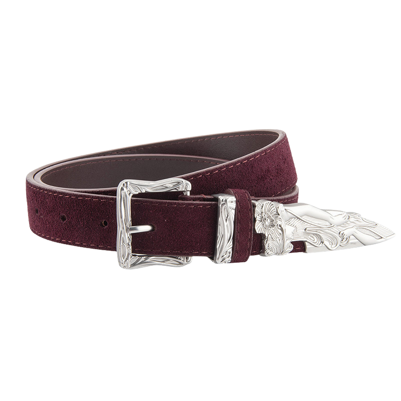 Ceinture femme Fleur en cuir refendu bordeaux vieilli, boucle western argentée avec motifs gravés, style épée cassée.
