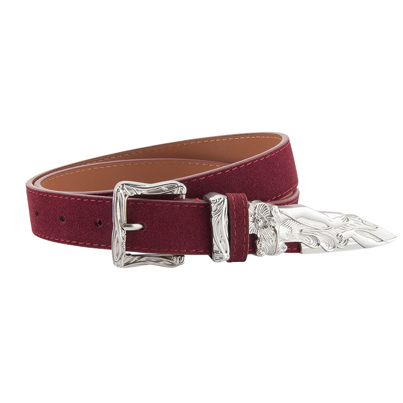 Ceinture femme Fleur en cuir refendu bordeaux avec boucle western argentée gravée et finitions style daim vieilli