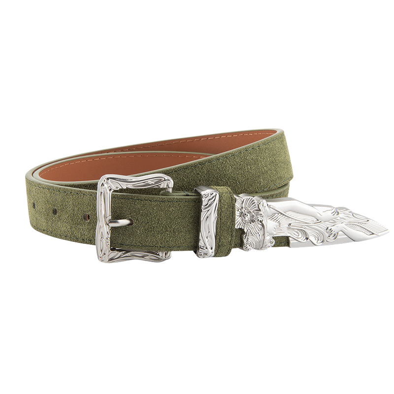Ceinture femme Fleur en cuir refendu vert, aspect daim vieilli, avec boucle ardillon carrée argentée gravée style western "épée cassée".
