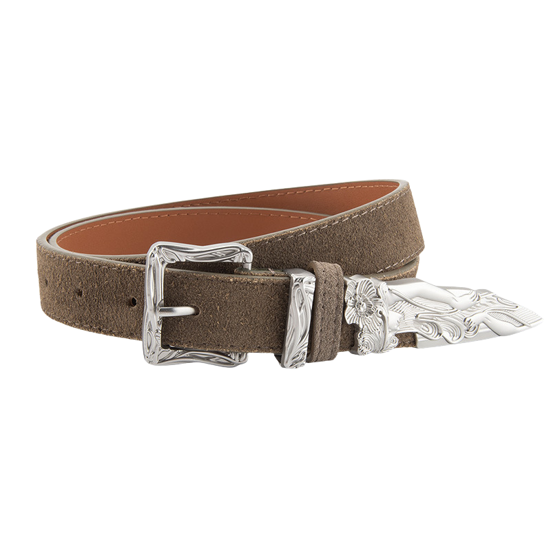 Ceinture femme Fleur en cuir refendu marron aspect daim vieilli avec boucle ardillon argentée gravée style western