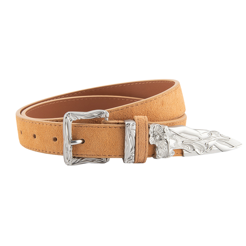 Ceinture femme Fleur en cuir refendu marron clair aspect daim vieilli, avec boucle argentée gravée style western et pointe "épée cassée" ornée de motifs floraux.