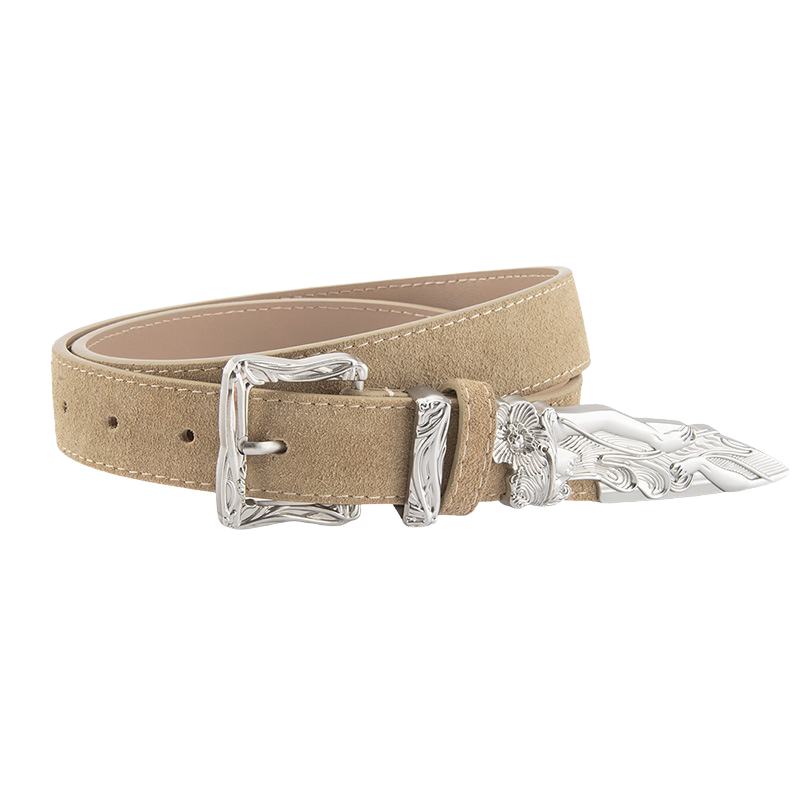 Ceinture femme Fleur en cuir beige clair aspect daim vieilli, avec boucle ardillon argentée gravée style western et bout "épée cassée".