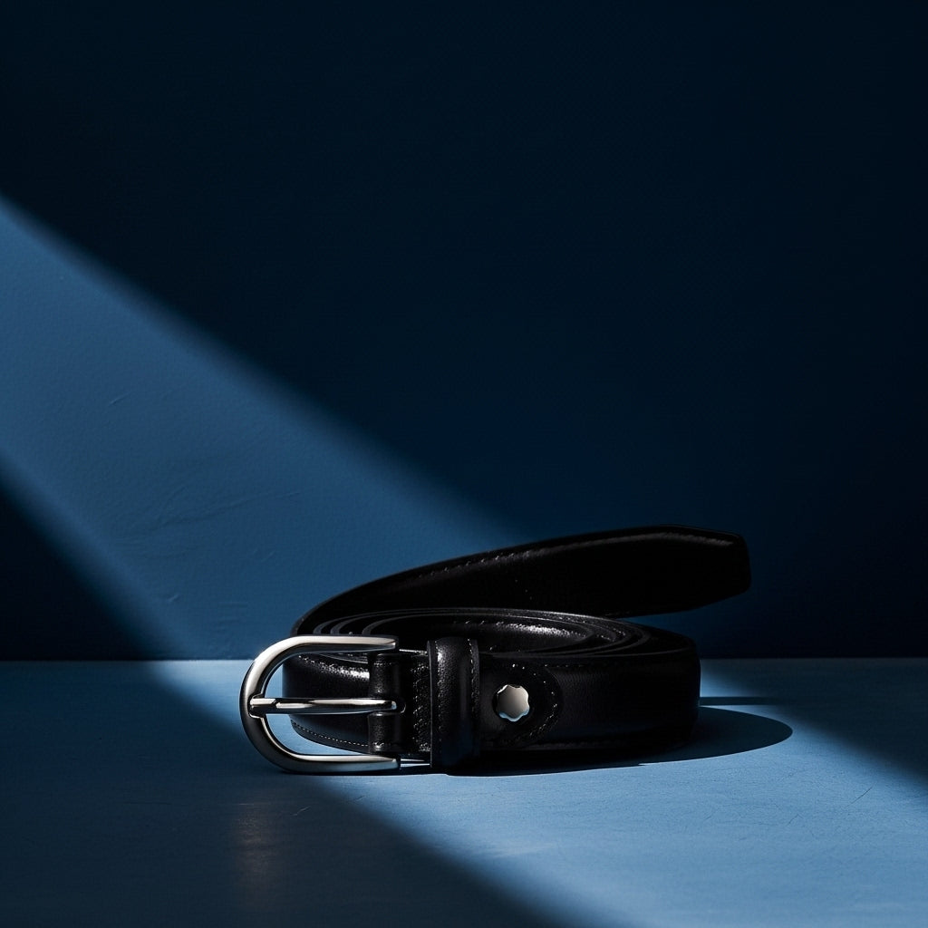 Ceinture pour femme Fleur de Lune en cuir noir, avec une boucle ardillon argentée arrondie. La ceinture est présentée avec une finition lisse et un éclat subtil sur un fond bleu. #fullwidth