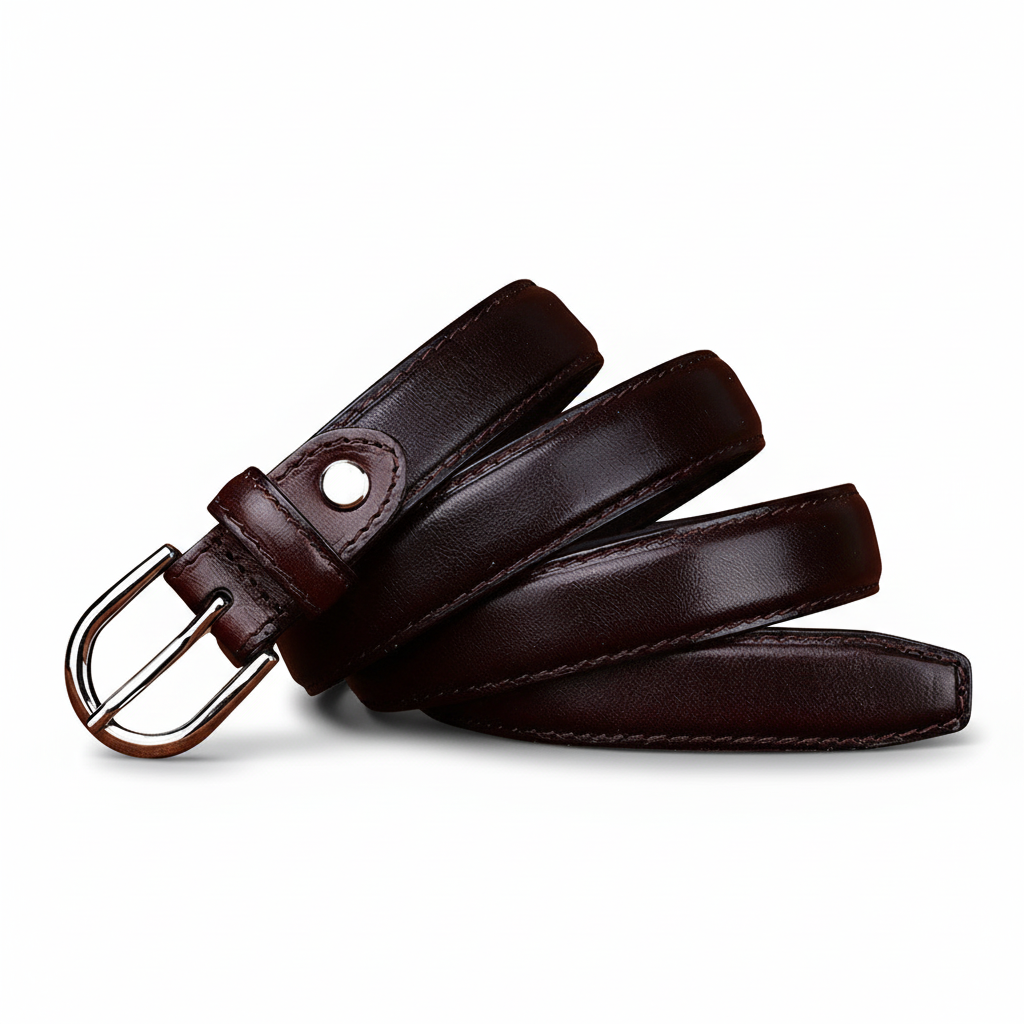Ceinture femme Fleur de Lune en cuir marron foncé avec boucle ardillon argentée