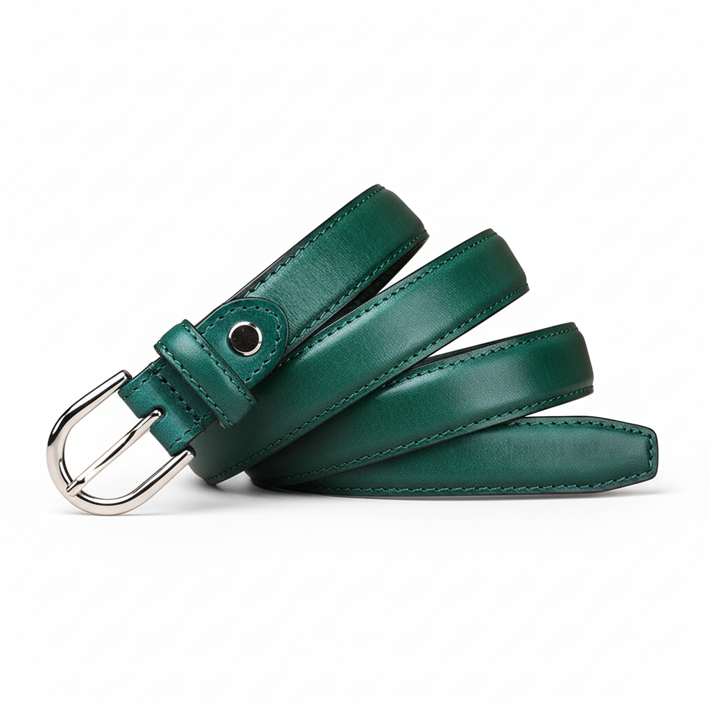 Ceinture femme Fleur de Lune en cuir vert émeraude avec boucle ardillon argentée. Une ceinture élégante et raffinée, parfaite pour compléter toutes vos tenues.