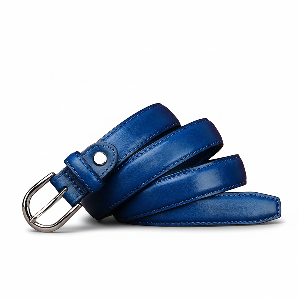 Ceinture en cuir bleu pour femme, modèle Fleur de Lune, avec boucle ardillon argentée et surpiqûres assorties.