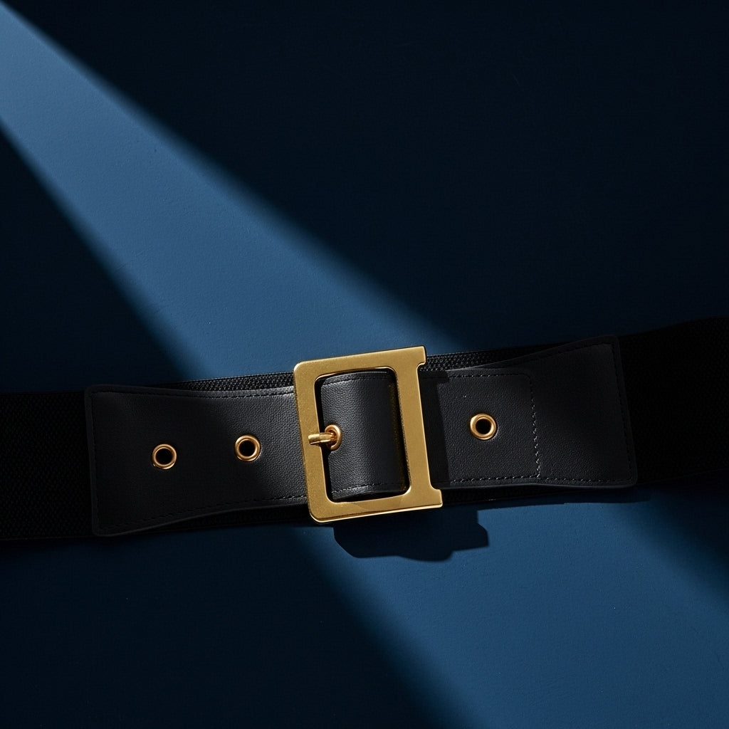 Ceinture large noire "Flore" en cuir pleine fleur avec boucle rectangulaire dorée à ardillon et œillets métalliques, sur fond bleu. #fullwidth