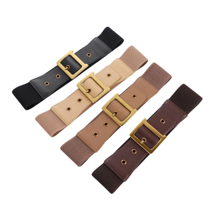 Quatre ceintures élastiques "Flore" de largeurs différentes, avec boucles rectangulaires dorées, présentées en noir, beige, marron clair et marron foncé. #fullwidth