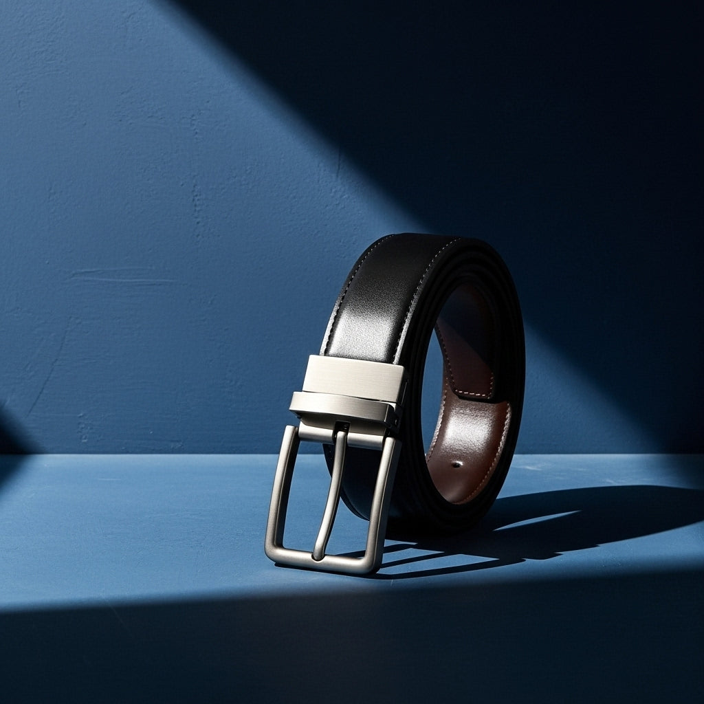 Ceinture réversible homme Florentin 1 noire et marron en simili cuir PU avec boucle ardillon rectangulaire argentée, sur fond bleu #fullwidth
