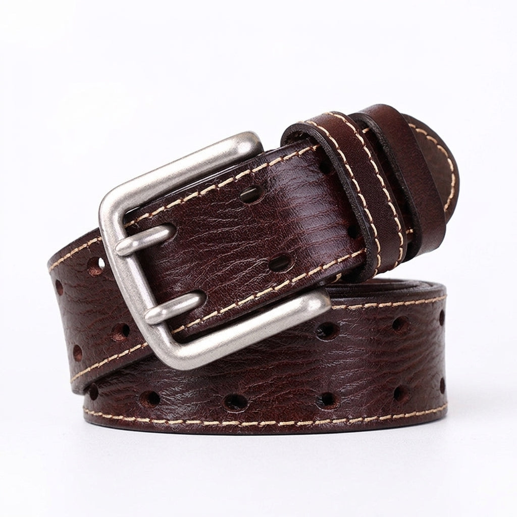 Ceinture homme Sully en cuir pleine fleur de vachette effet vieilli avec boucle à double ardillon