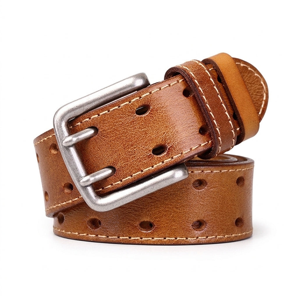Ceinture homme Sully en cuir pleine fleur marron vintage avec double ardillon en alliage