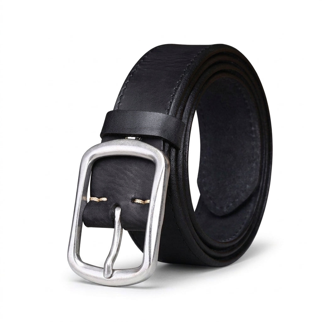 Ceinture pour homme Fontainebleau en cuir pleine fleur noir à tannage végétal avec boucle ardillon rectangulaire en acier argenté brossé