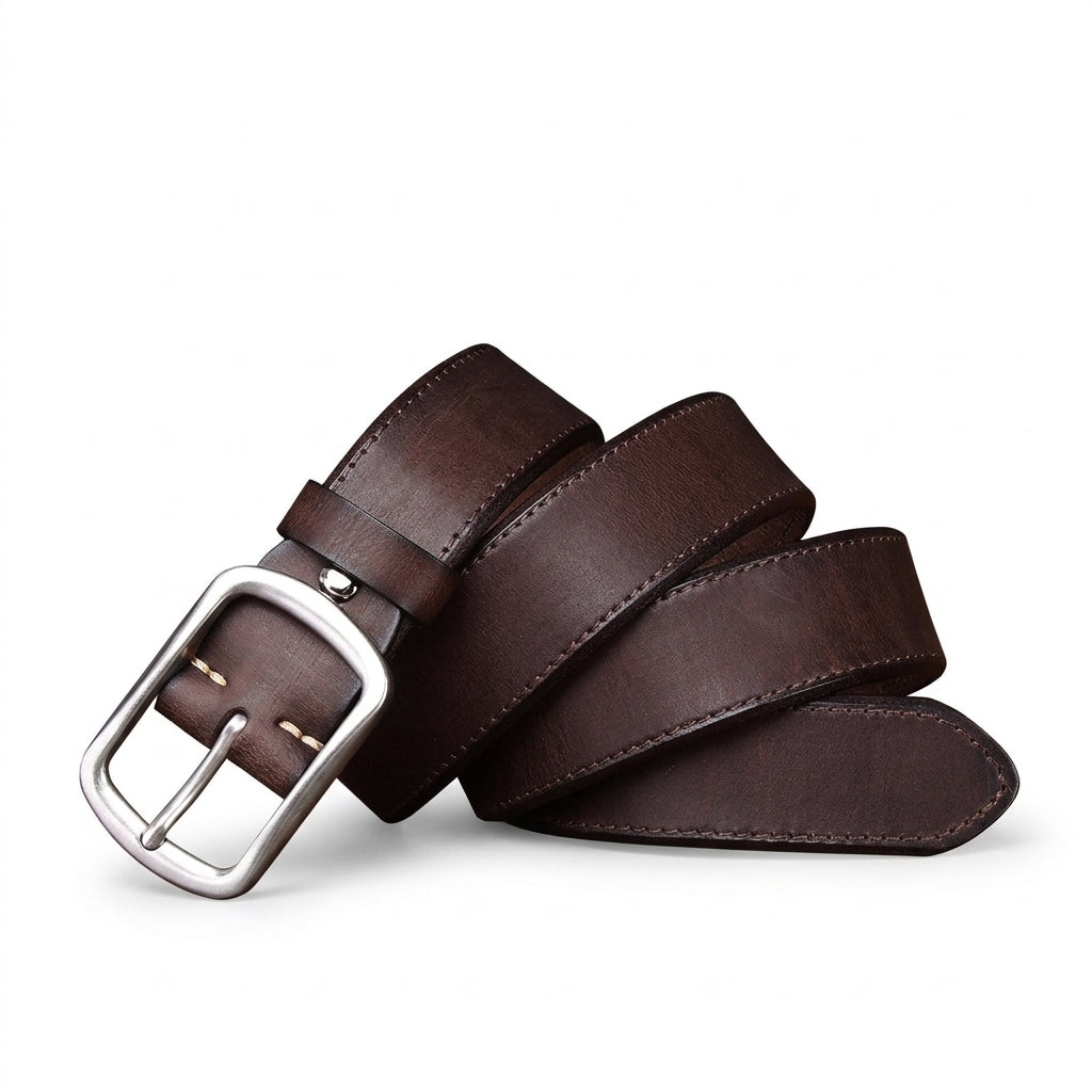 Ceinture homme Fontainebleau en cuir pleine fleur marron vieilli avec boucle ardillon en acier brossé sur fond sombre #fullwidth