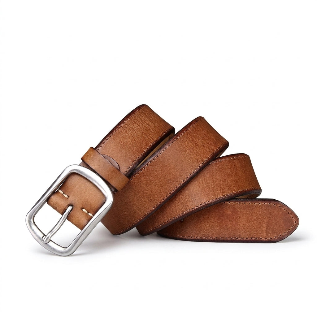 Ceinture homme Fontainebleau en cuir pleine fleur de vachette marron avec finition vieillie et boucle ardillon rectangulaire en acier brossé sur fond sombre #fullwidth