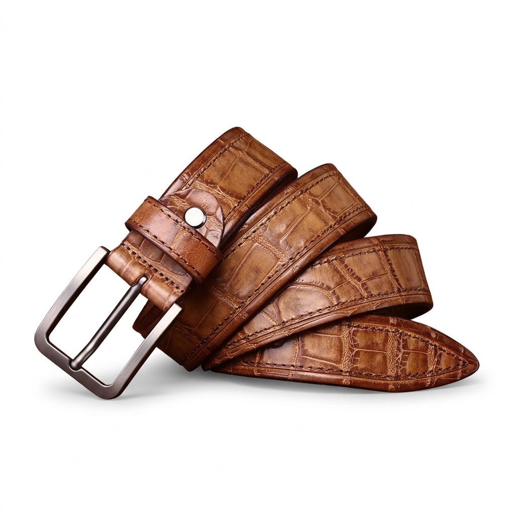 Ceinture homme Fontenoy en cuir pleine fleur marron avec gaufrage crocodile et boucle ardillon rectangulaire argentée satinée