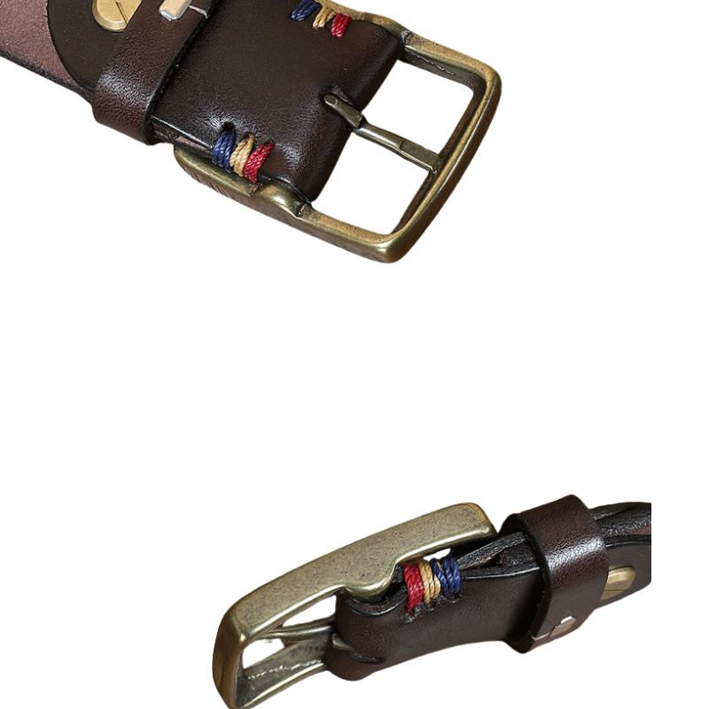 Ceinture en cuir marron pour homme, modèle Forêt d’Automne, avec boucle rectangulaire en cuivre vieilli et coutures colorées bleu, rouge et jaune. #fullwidth