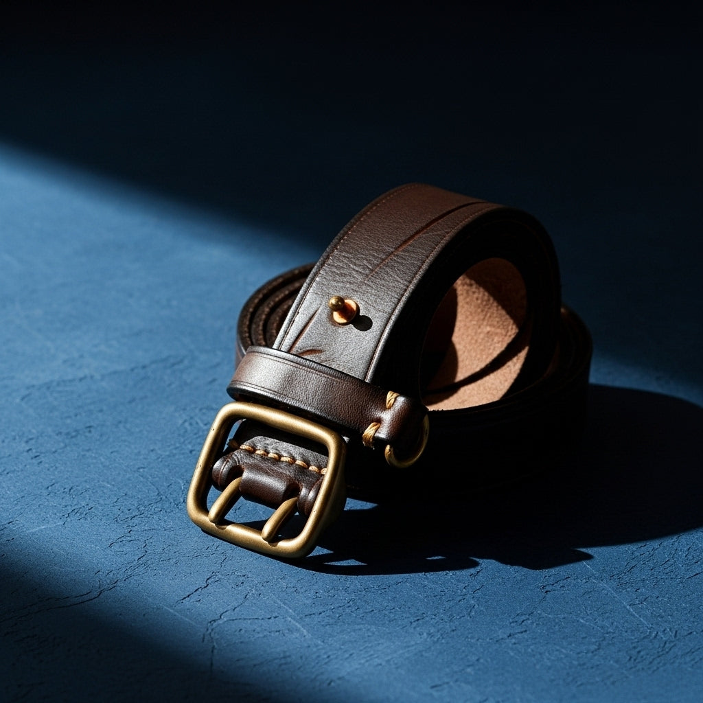 Ceinture Forge Cuir marron pour homme avec boucle en cuivre vieilli et détails ajourés sur fond bleu #fullwidth