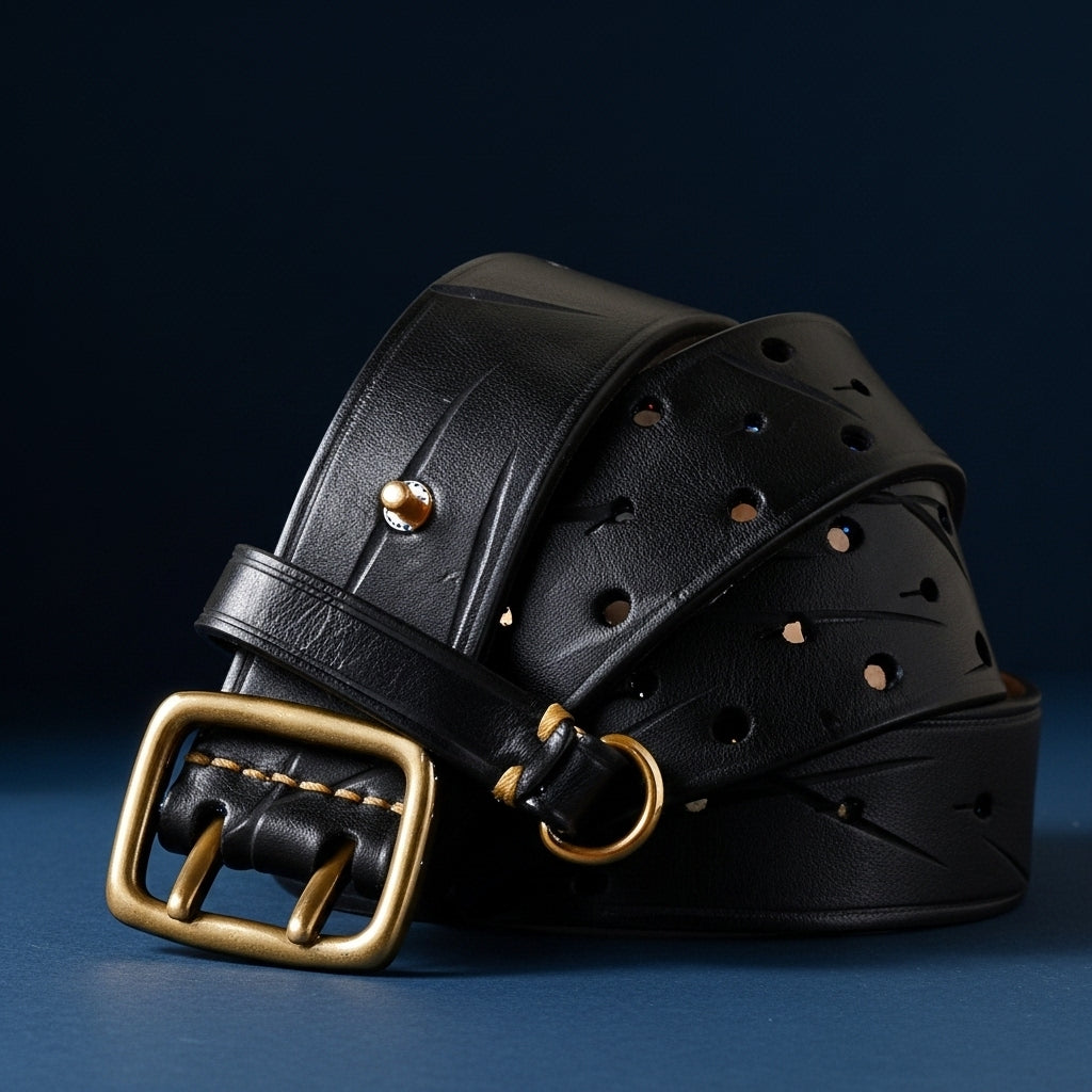 Ceinture Forge Cuir noire pour homme, en cuir de vachette pleine fleur avec traitement vieilli, lanière ajourée, boucle en cuivre doré vieilli et anneau décoratif. #fullwidth