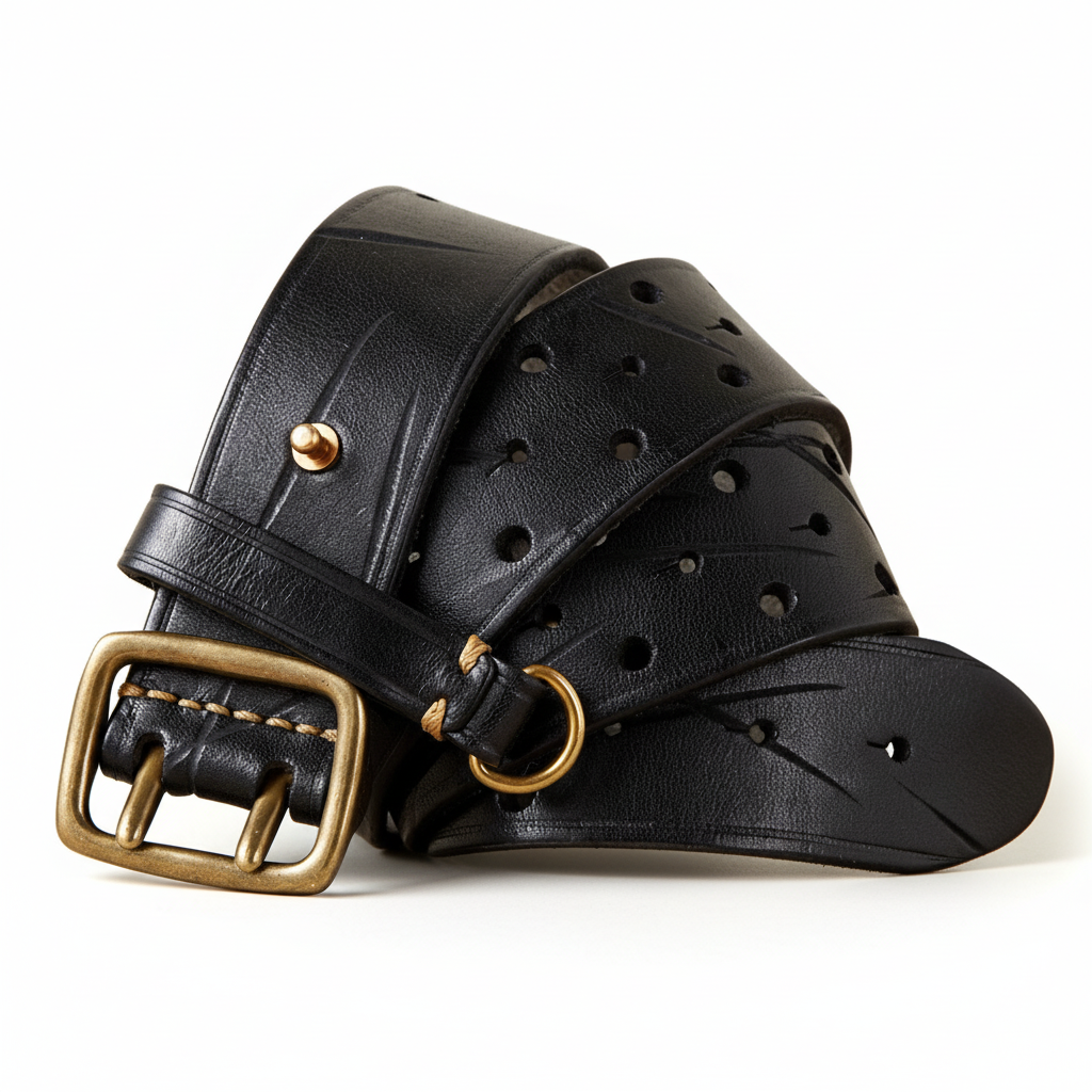 Ceinture noire en cuir pour homme Forge Cuir, avec boucle en cuivre vieilli à double ardillon, lanière ajourée et anneau décoratif.