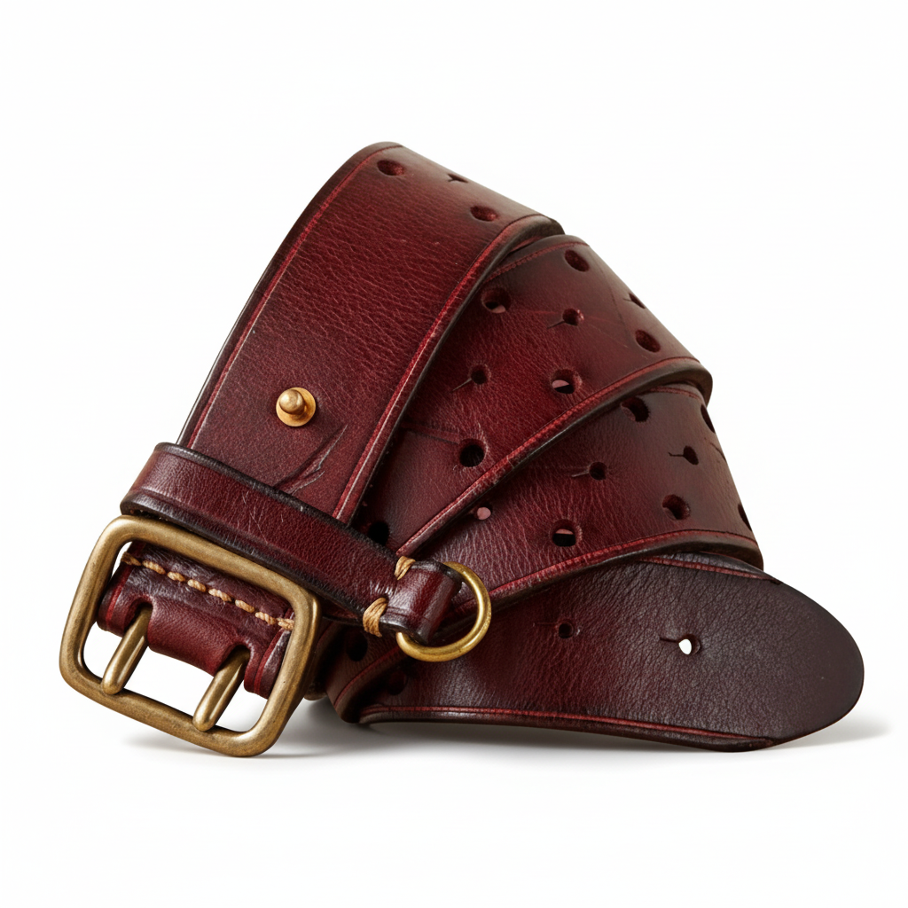 Ceinture homme Forge Cuir en cuir de vachette bordeaux, traitement vieilli à la main, lanière ajourée, boucle en cuivre doré vieilli avec double ardillon et anneau décoratif.