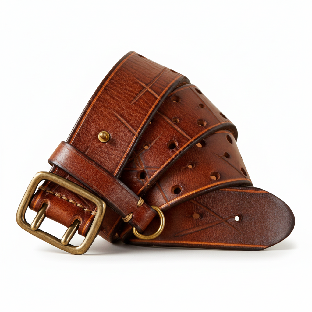 Ceinture homme Forge Cuir en cuir marron clair, avec motif ajouré, boucle en cuivre vieilli et coutures apparentes. #fullwidth
