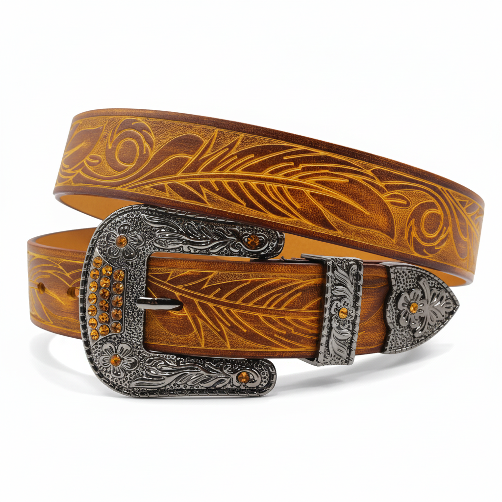 Ceinture Frisson en cuir marron avec motif gravé de plumes et boucle argentée ornée de strass ambrés